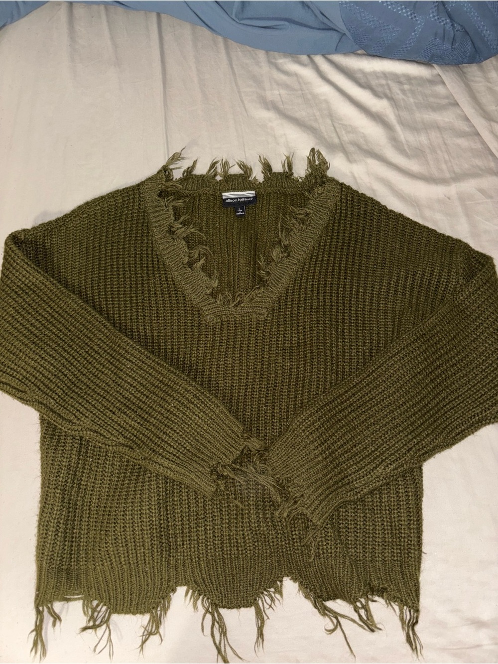 Distressed Olive V-Neck Knit Sweater - Women